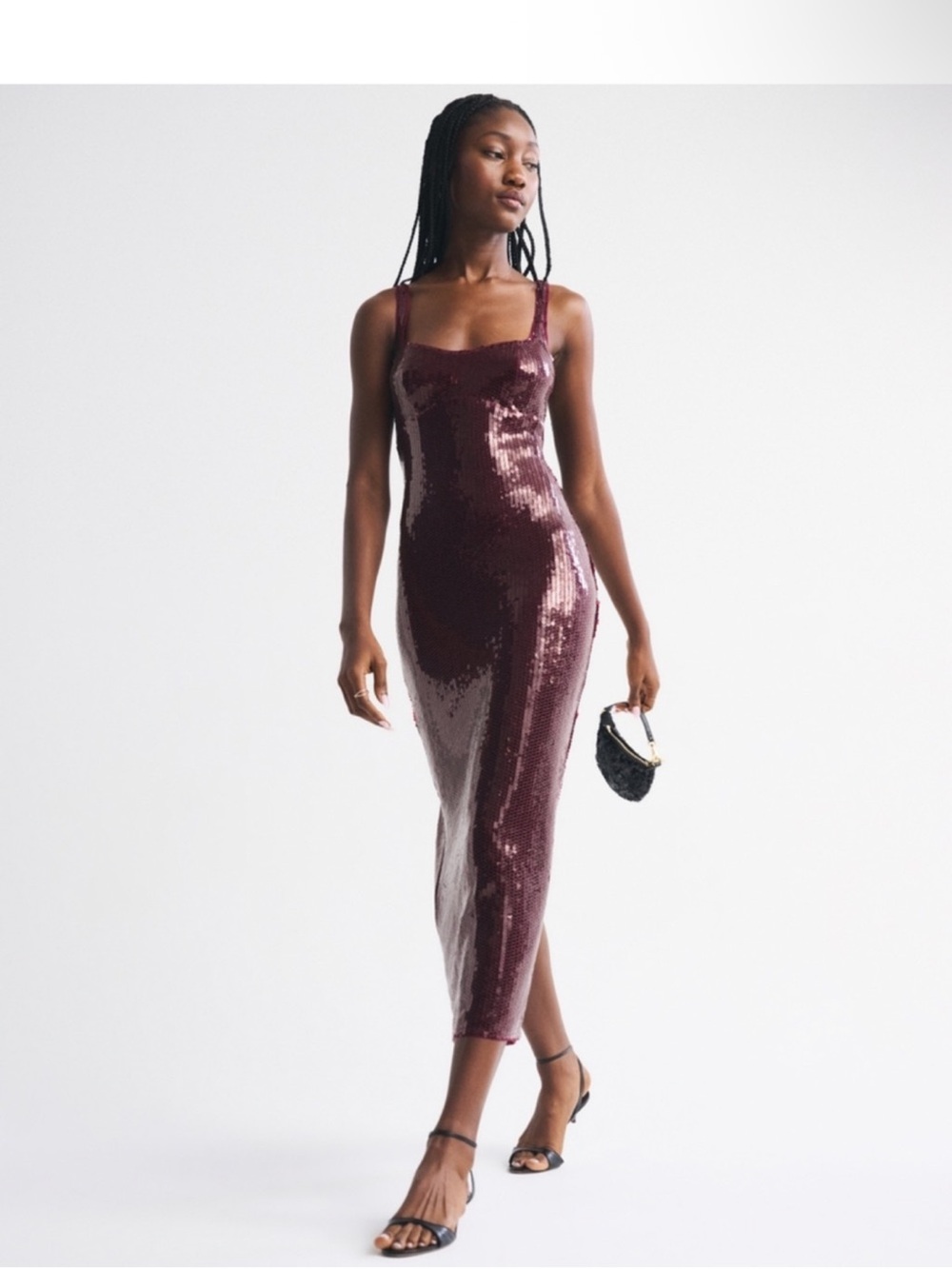 Sequin Square-Neck Midi Dress in Deep Burgundy